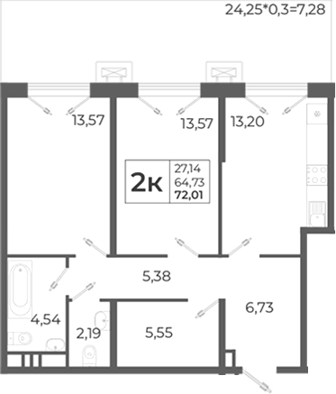 Планировка — Высочество, 2-комн., 65 м²