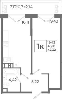 Планировка — Высочество, 2-комн., 45 м²