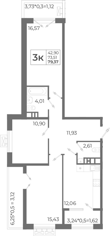 Планировка — Высочество, 3-комн., 76 м²