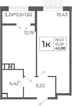 Планировка — Высочество, 1-комн., 44 м²