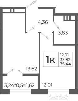 Планировка — Высочество, 1-комн., 36 м²