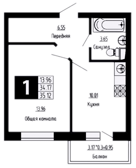 Планировка — Фруктовый сад, 1-комн., 34 м²