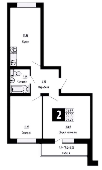Планировка — Фруктовый сад, 2-комн., 52 м²