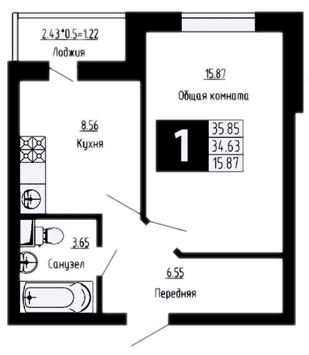 Планировка — Фруктовый сад, 1-комн., 35 м²