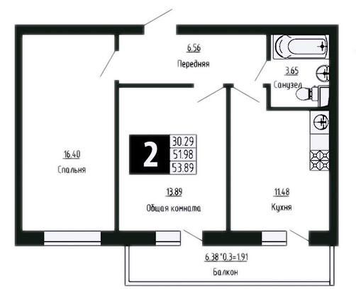 Планировка — Фруктовый сад, 2-комн., 52 м²