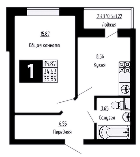 Планировка — Фруктовый сад, 1-комн., 35 м²