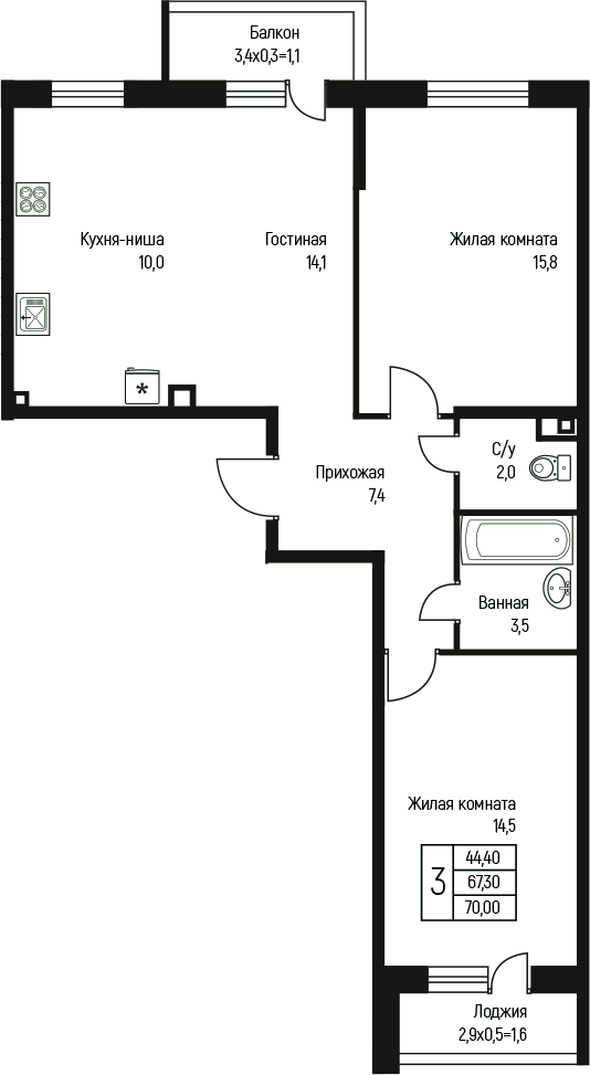 Планировка — Nova Vita, 3-комн., 68 м²