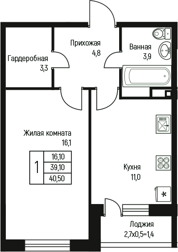 Планировка — Nova Vita, 1-комн., 39 м²