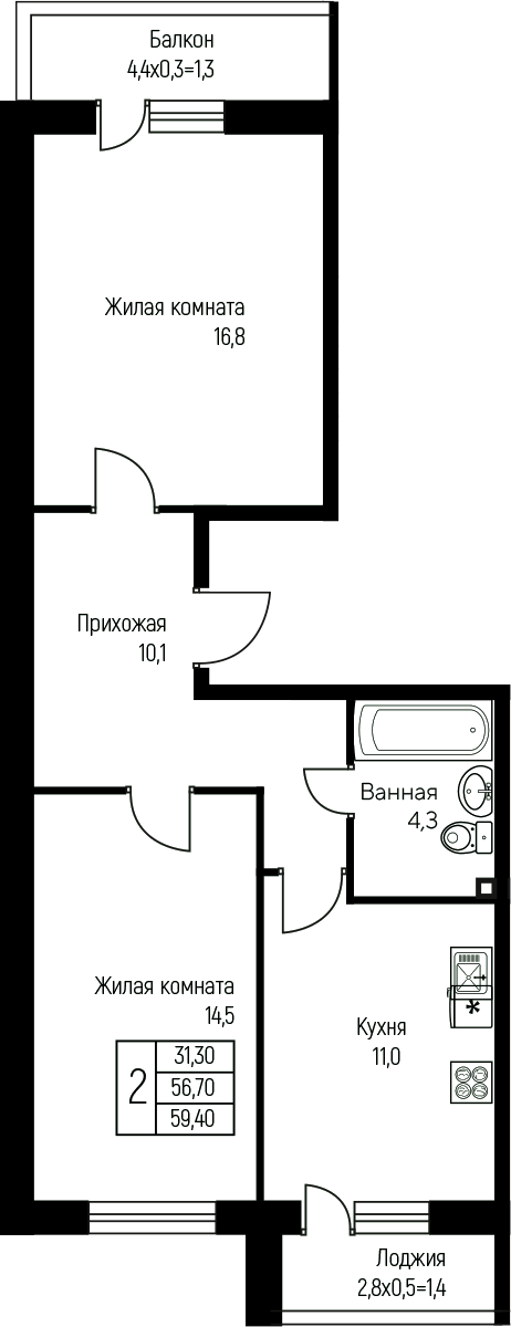 Планировка — Nova Vita, 2-комн., 57 м²