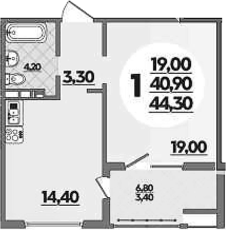 Планировка — Горгиппия, 1-комн., 41 м²