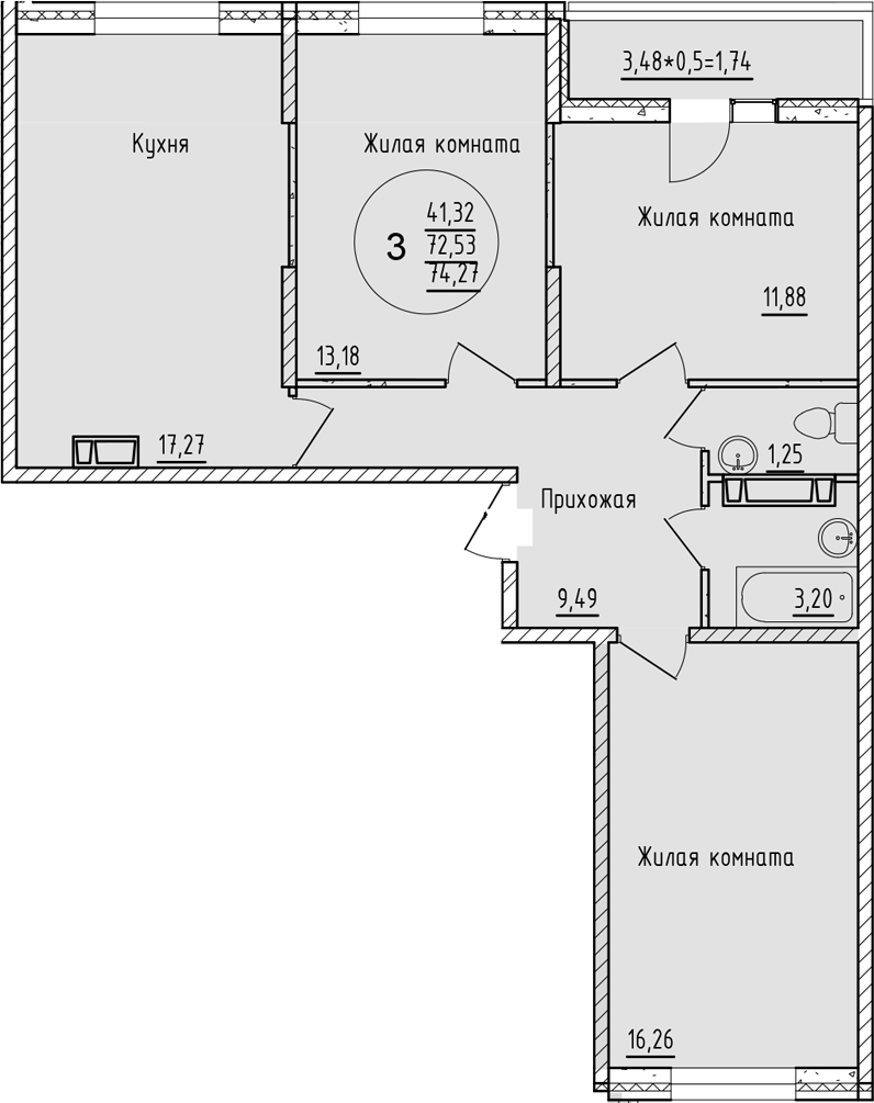 Планировка — Друг, 3-комн., 73 м²