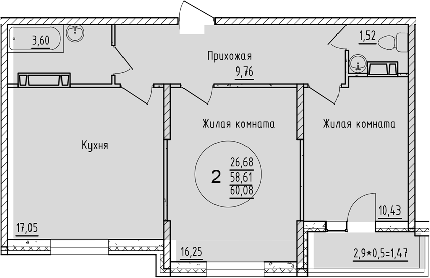 Планировка — Друг, 2-комн., 59 м²