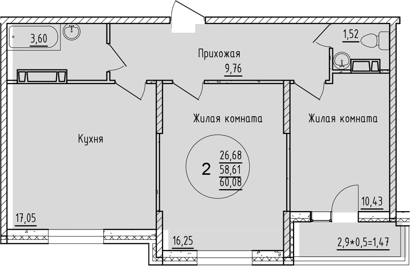 Планировка — Друг, 2-комн., 59 м²