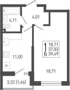 Планировка — Огурцы, 1-комн., 38 м²