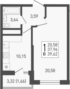 Планировка — Огурцы, 1-комн., 38 м²