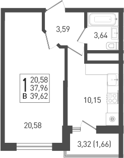 Планировка — Огурцы, 1-комн., 38 м²