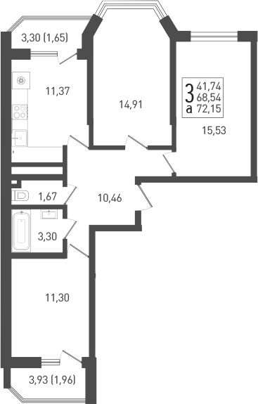 Планировка — Огурцы, 3-комн., 70 м²