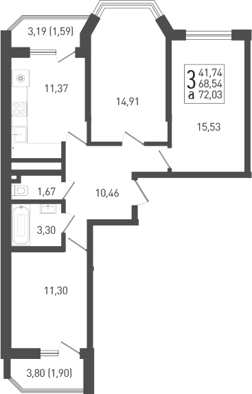 Планировка — Огурцы, 3-комн., 70 м²