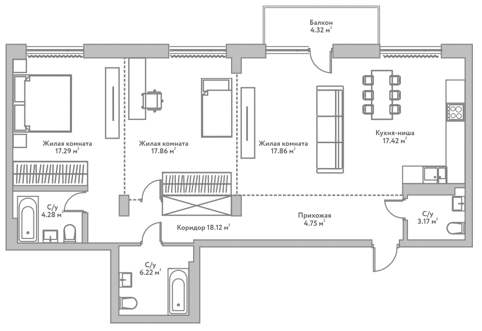 Планировка — Flora&Fauna, 3-комн., 107 м²