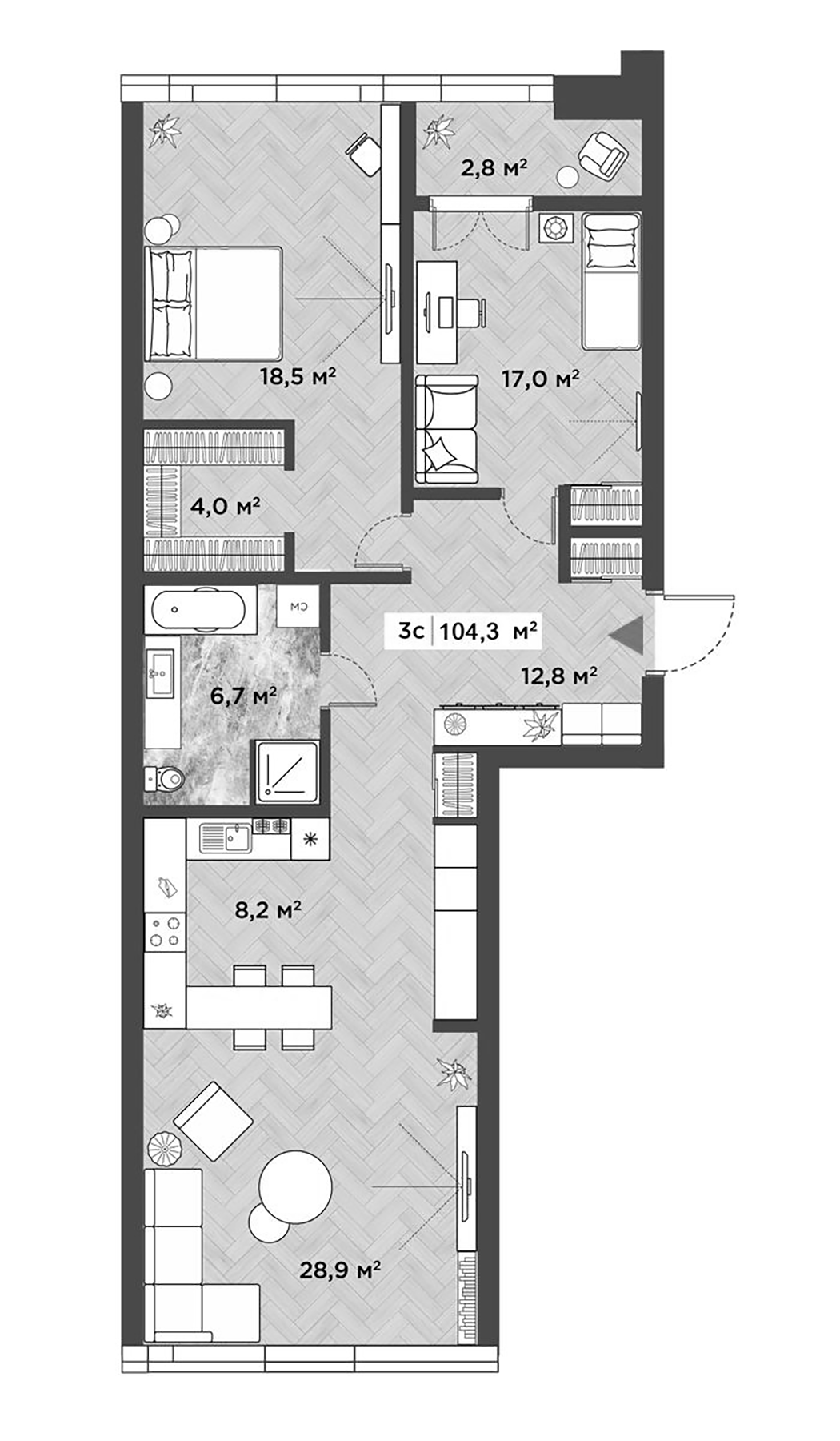 Планировка — Берлин, 3-комн., 101 м²