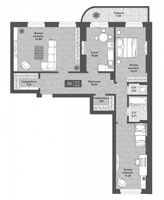 Планировка — Сосны, 3-комн., 96 м²