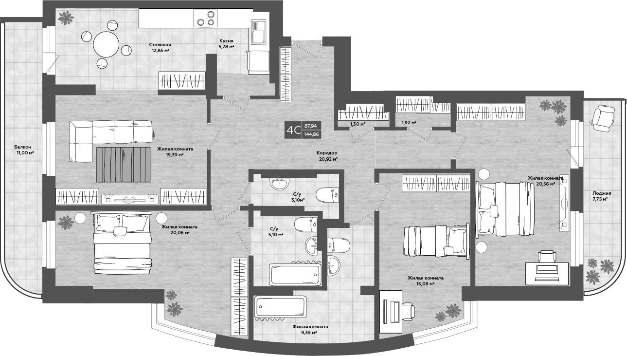 Планировка — Сосны, 5-комн., 136 м²