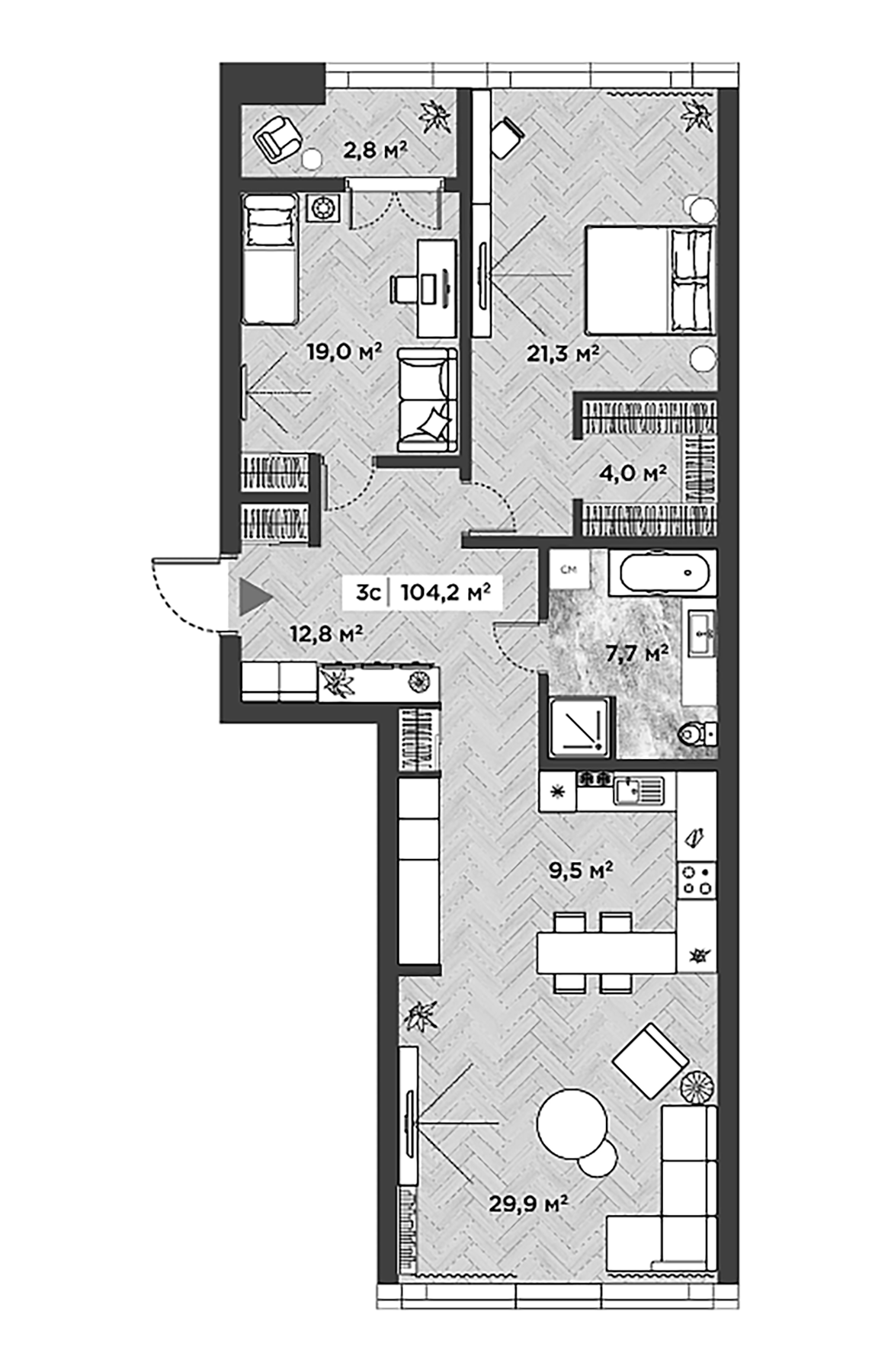 Планировка — Берлин, 3-комн., 101 м²