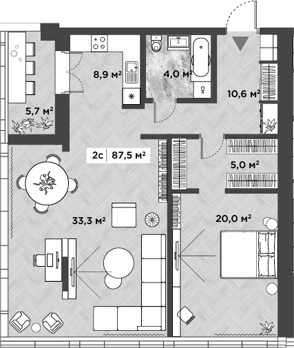 Планировка — Берлин, 2-комн., 88 м²