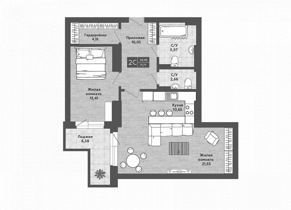 Планировка — Сосны, 2-комн., 68 м²