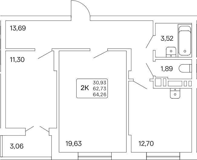 Планировка — Расцветай на Обской, 2-комн., 64 м²
