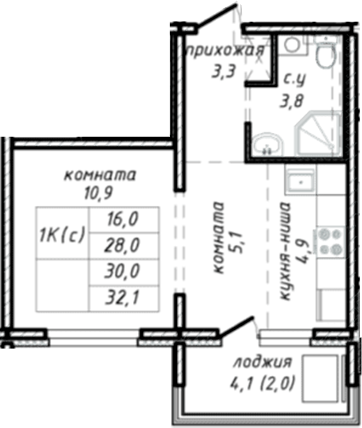 Планировка — Азимут, 1-комн., 28 м²