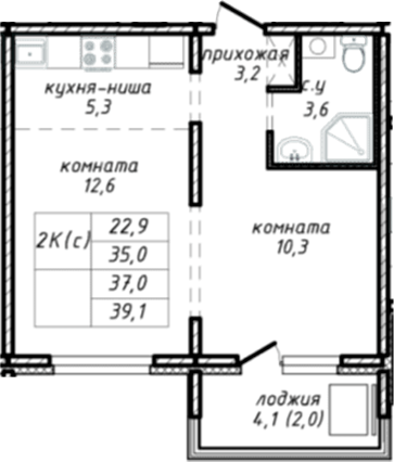 Планировка — Азимут, 1-комн., 35 м²