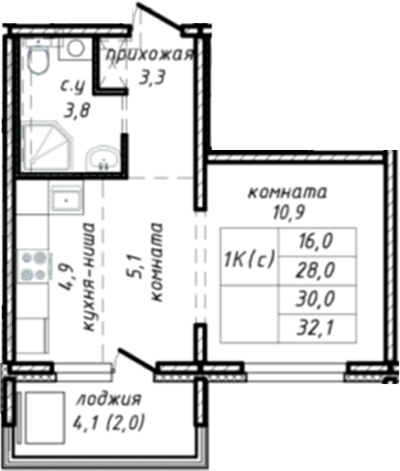 Планировка — Азимут, 1-комн., 28 м²