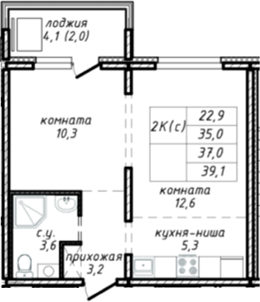 Планировка — Азимут, 1-комн., 35 м²