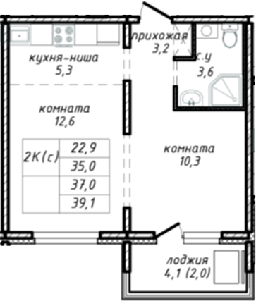 Планировка — Азимут, 1-комн., 35 м²