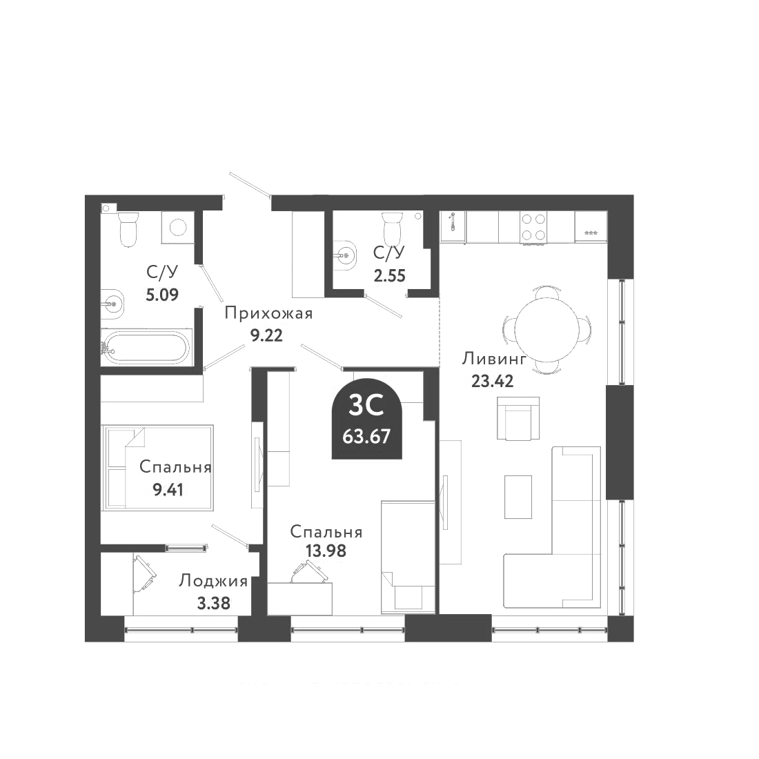 Планировка — Тихомиров, 3-комн., 64 м²