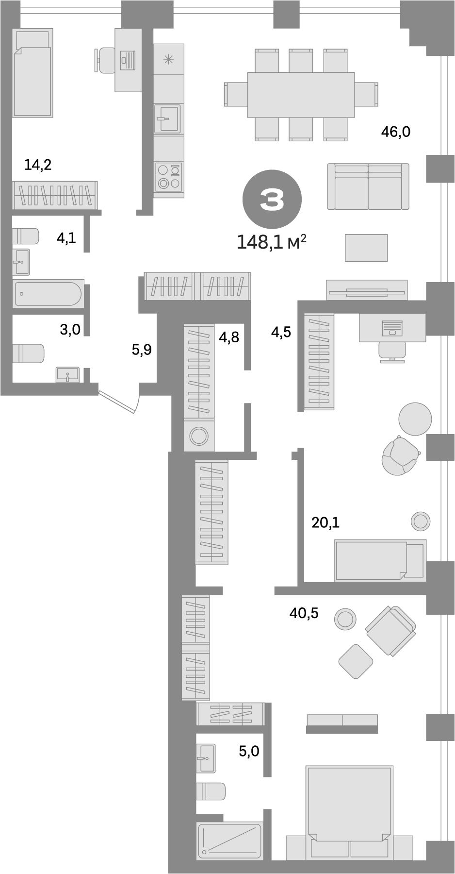 Планировка — На Декабристов, 4-комн., 148 м²