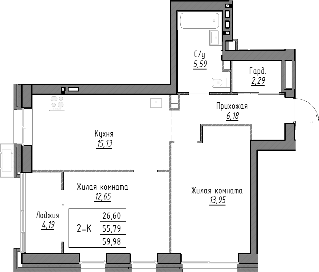 Планировка — Тесла парк, 2-комн., 56 м²