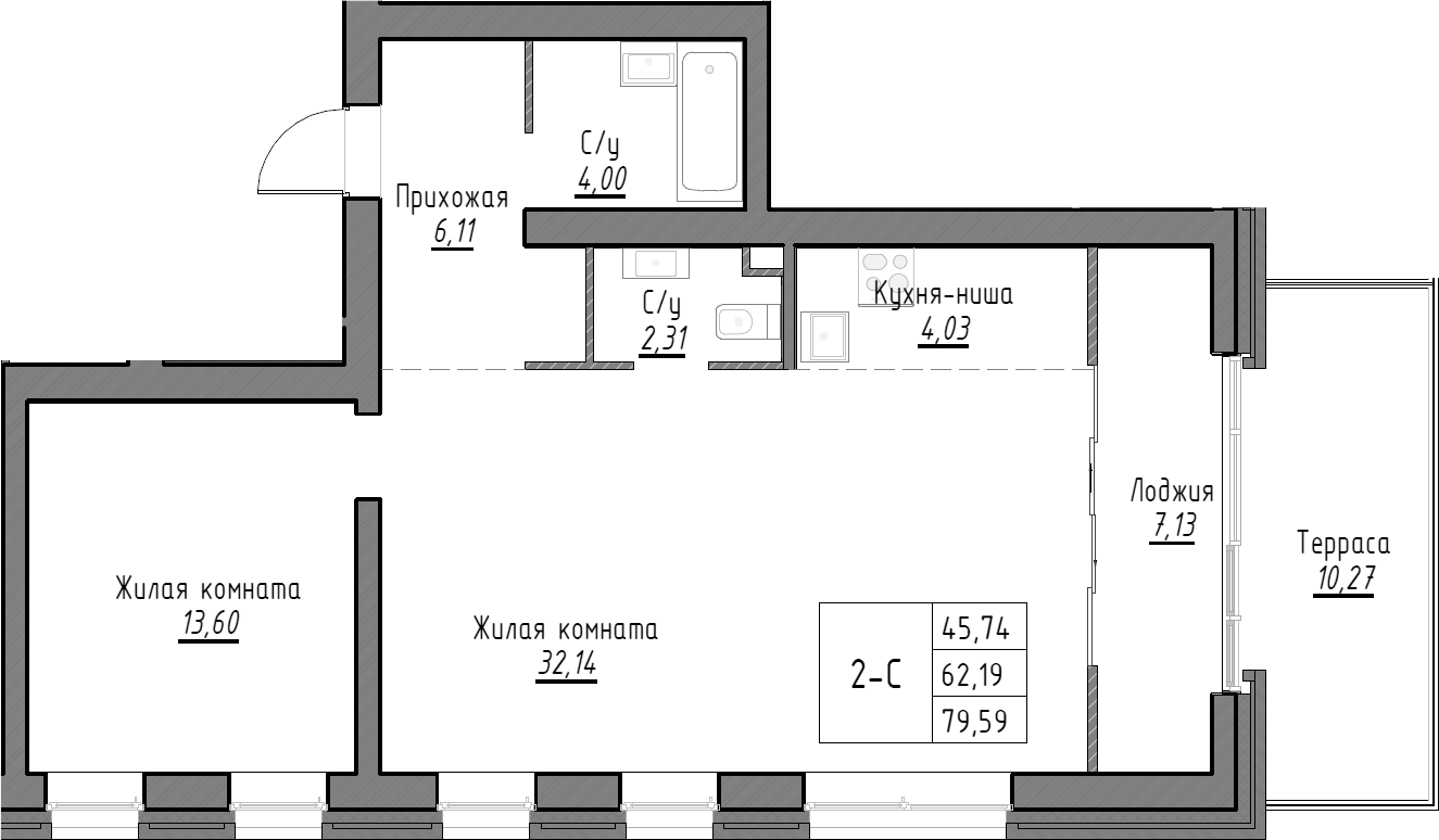 Планировка — Тесла парк, 2-комн., 62 м²