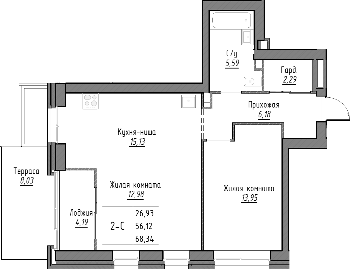 Планировка — Тесла парк, 2-комн., 56 м²