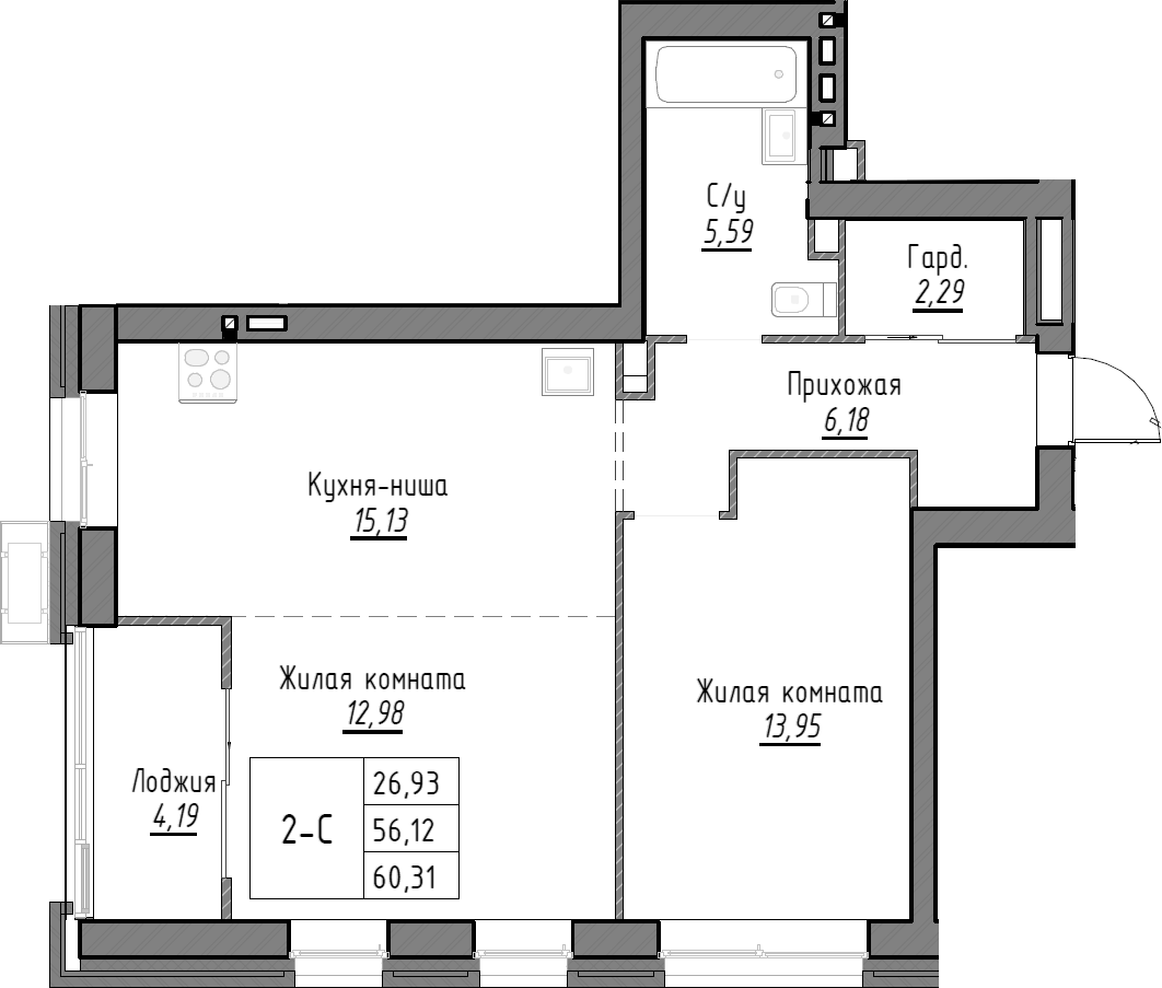 Планировка — Тесла парк, 2-комн., 56 м²