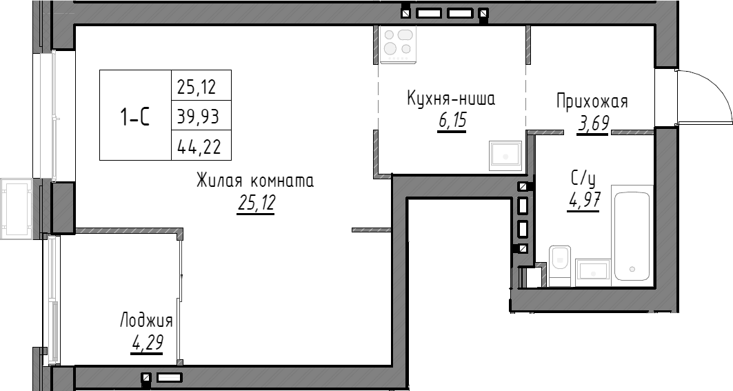 Планировка — Тесла парк, Студия, 40 м²