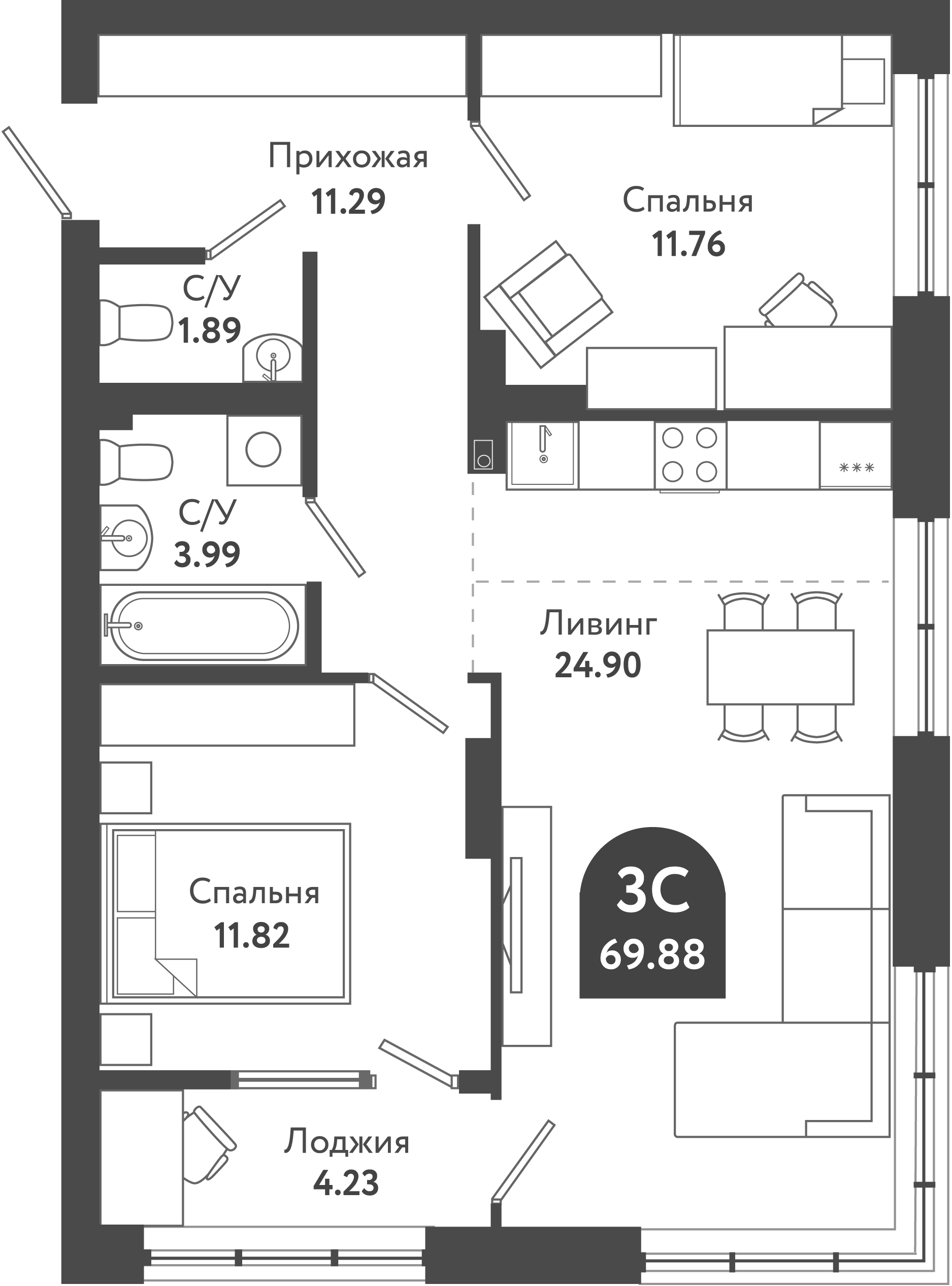 Планировка — Тихомиров, 3-комн., 65 м²