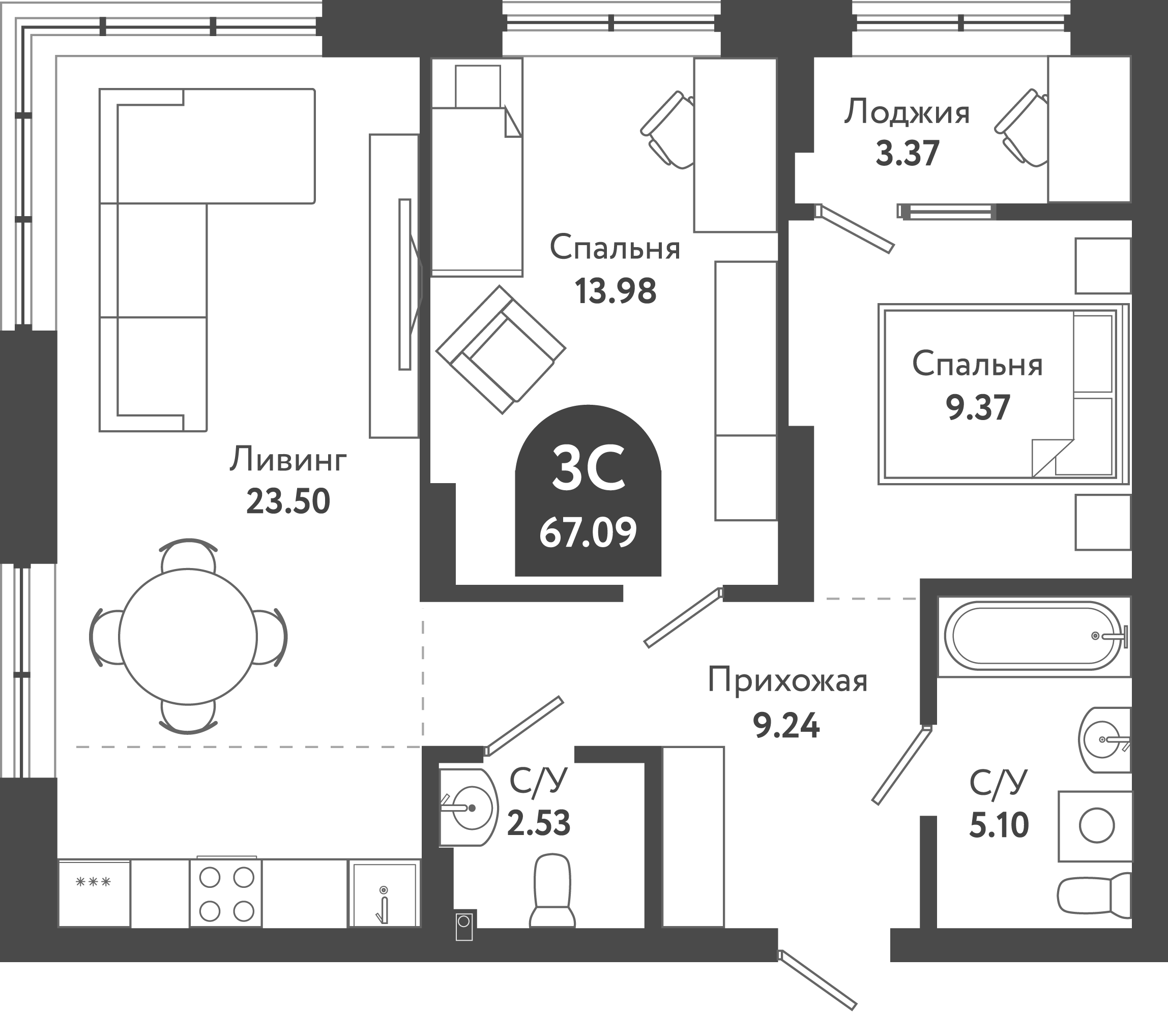Планировка — Тихомиров, 3-комн., 64 м²