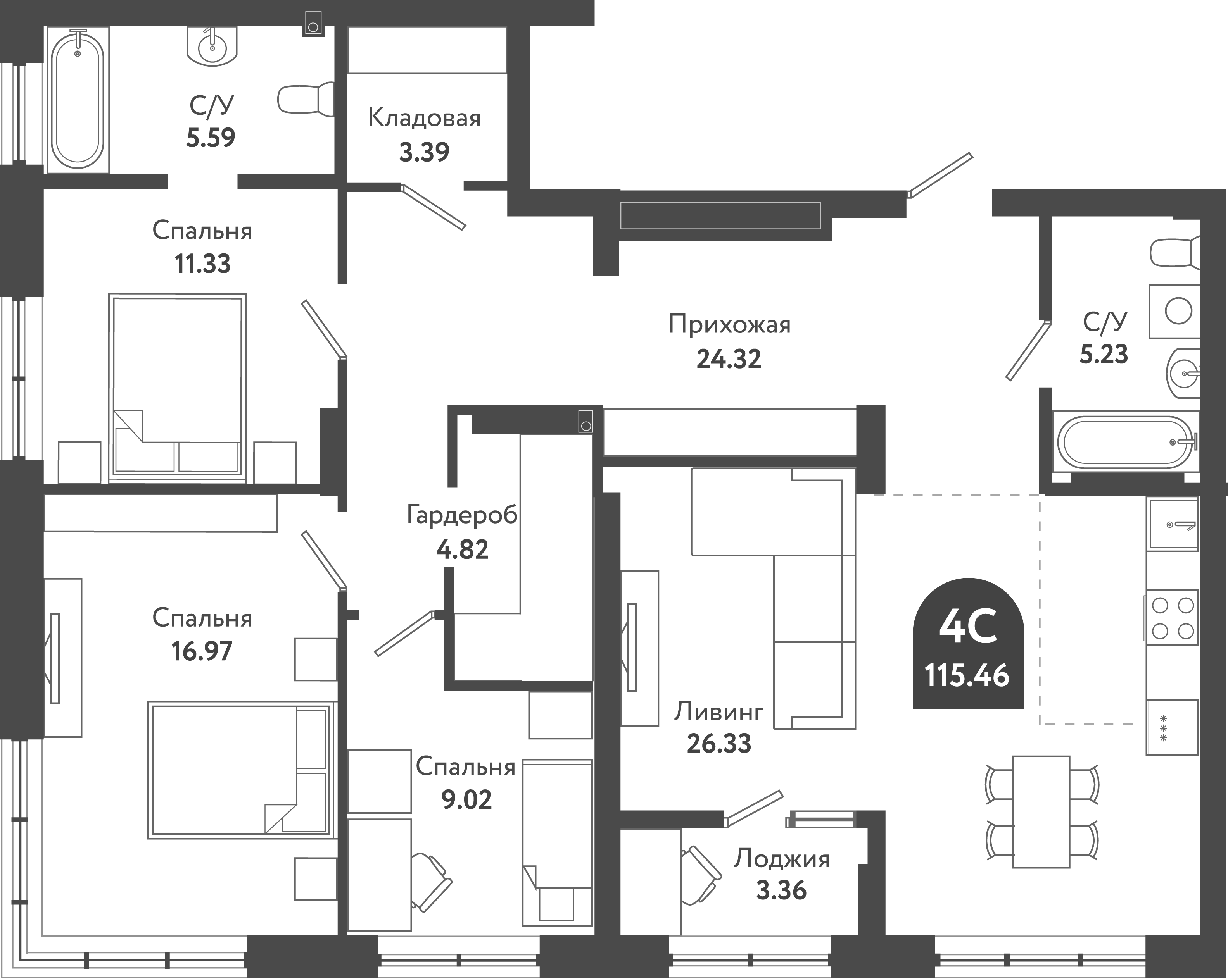 Планировка — Тихомиров, 4-комн., 113 м²