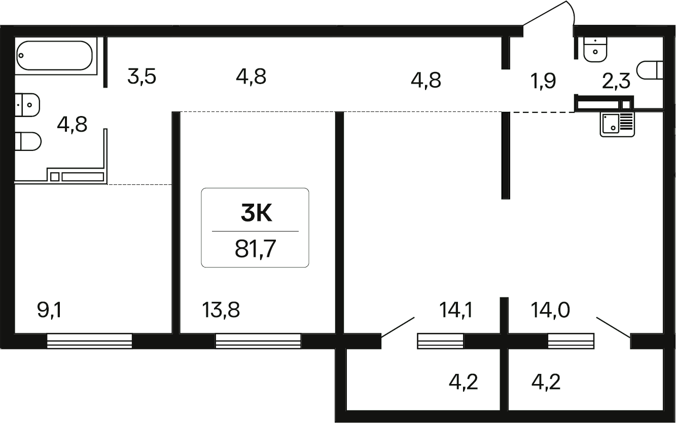 Планировка — Квартал на Игарской, 3-комн., 73 м²