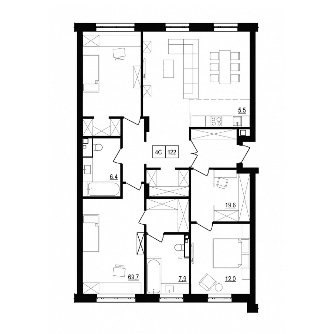Планировка — Жуковка, 4-комн., 122 м²