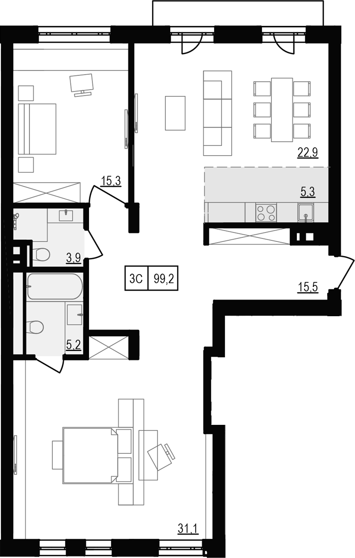 Планировка — Жуковка, 3-комн., 99 м²
