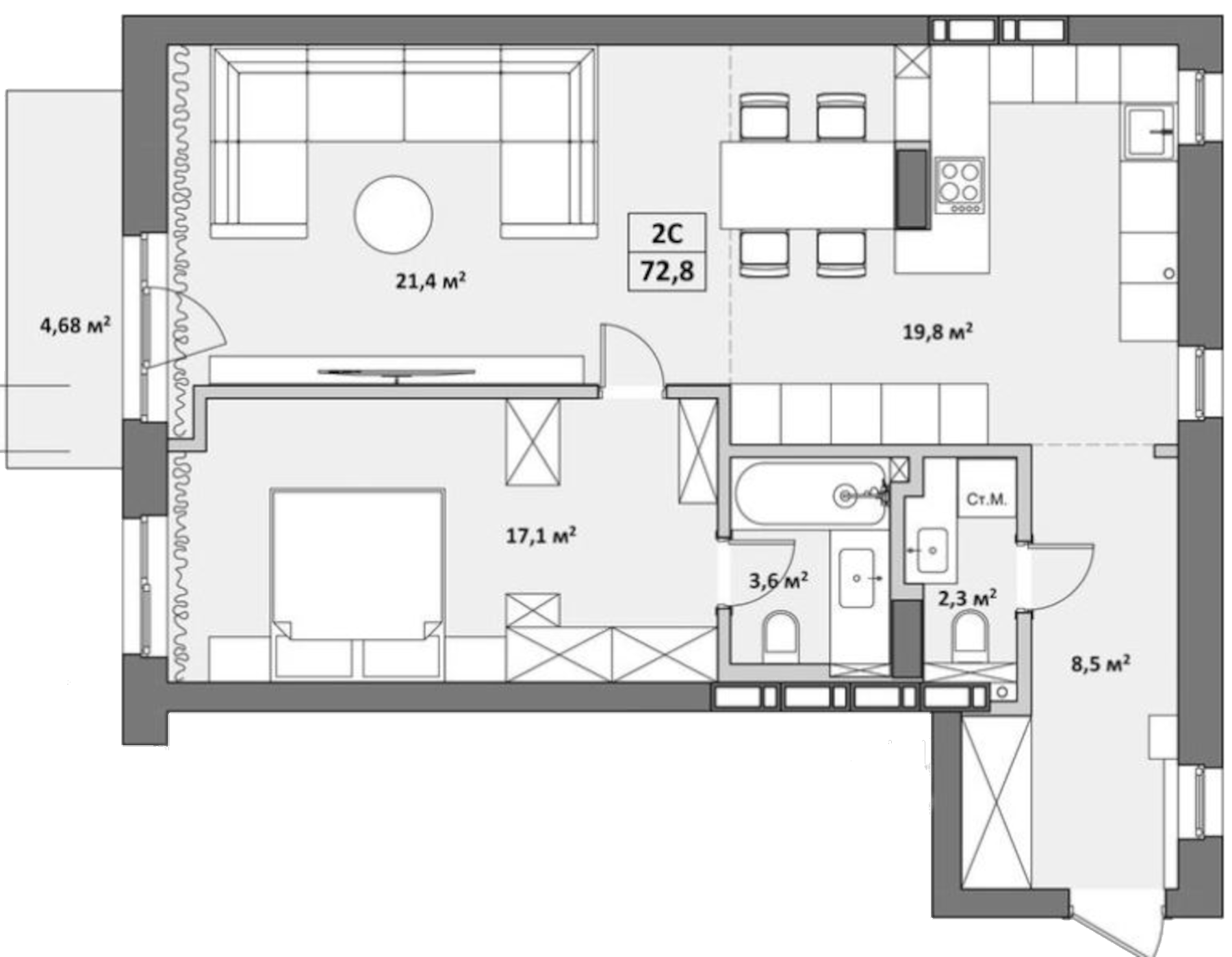 Планировка — Жуковка, 3-комн., 76 м²