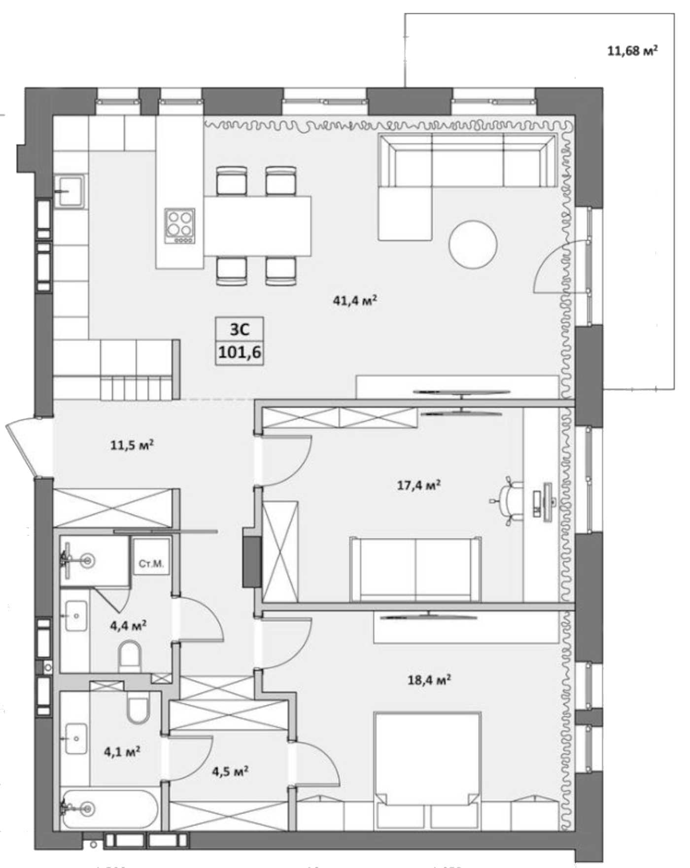 Планировка — Жуковка, 3-комн., 104 м²